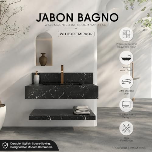 Image of BANZER JABON BAGNO Without Mirror Bathroom Vanity Set with Ceramic Wash Basin & Storage Shelf | Wall Mounted Bathroom Vanity Cabinet | Black Ceramic Heavy Tile Finish | 60x50cm
