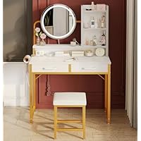 ODK Dressing Table with Height-adjustable LED Mirror Vanity Table with Stool Vanity Desk with 2 Fabric Drawers