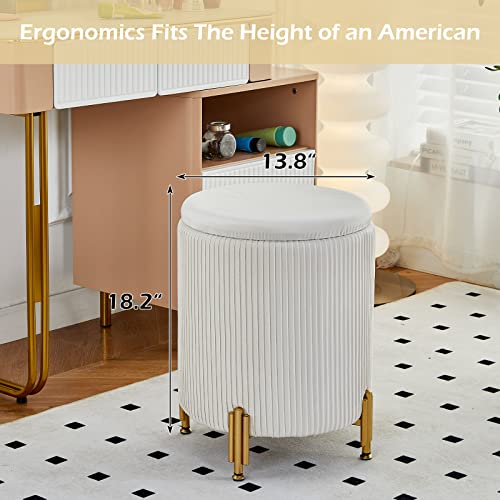 Mxfurhawa Round Ottoman Foot Stool with 23Qt Storage Velvet Footrest Stool Vanity Stool Chair Support 300lbs Modern Ottoman Coffee Table Padded Seat for Living Room Bedroom (Cream)