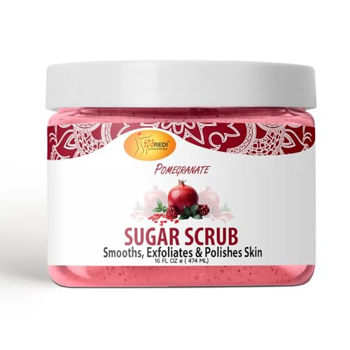 SPA REDI – Sugar Body Scrub, Pomegranate, 16 Oz, Exfoliating, Moisturizing, Hydrating and Nourishing, Glow, Polish, Smooth and Fresh Skin - Body Exfoliator