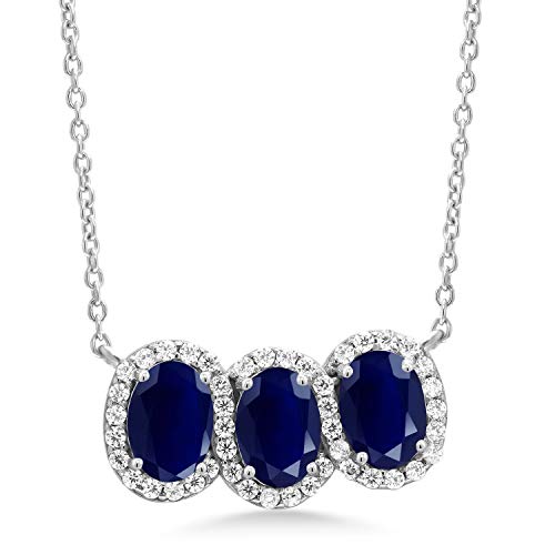Gem Stone King 925 Sterling Silver Blue Sapphire 3-Stone Pendant Necklace For Women (3.51 Ct Oval with 18 Inch Silver Chain)