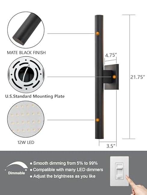 Modern Outdoor Wall Sconce LED, Large Porch Lights Wall Mount, 22 inch Up Down Exterior Light Fixture, 12W Black Outside Patio Lighting for House, Yard, 2 Packs