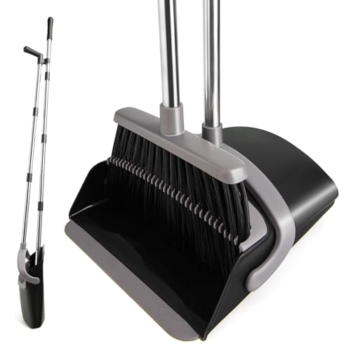 XXFLOWER Broom and Dustpan Set, Long Handle Lightweight Dustpans with Broom Combo for Home, Indoor&Outdoor Sweeping for Home Room Kitchen Office Lobby (Charcoal)