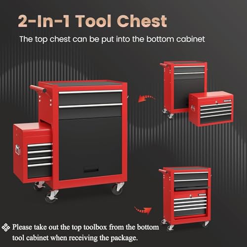 Image of Goplus 6 Drawers Tool Chest, 2-in-1 Rolling Tool Box with Universal Lockable Wheels, Protective Liner, Detachable, Auto Lock, Metal Tool Storage Cart, Heavy Duty Tool Cabinet for Garage Shop
