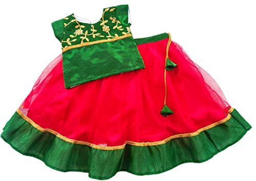 Image of Stanwells Kids Girls Pea Green & Red Lehenga Choli Set | Net Embroidered Ethnic Dress | Traditional South Indian Pattu Pavadai (3-6 Months)