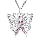 AOBOCO 925 Sterling Silver Breast Cancer Awareness Butterfly Pink Ribbon Pendant Necklace with Austrian Crystals, Breast Cancer Survivor Gifts for Women