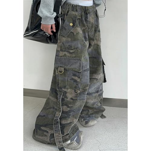 Girls Casual Cargo Pants Wide Leg Camouflage Painting High Waist Baggy Floor Length Parachute Pants with Girl Pants Set4