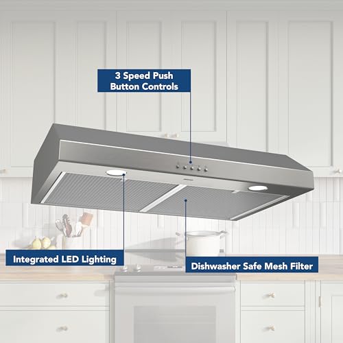 Broan-NuTone BCSQ130SS Three-Speed Glacier Under-Cabinet Range Hood with LED Lights ADA Capable, 1.5 Sones, 375 Max Blower CFM, 30-Inch, Stainless Steel