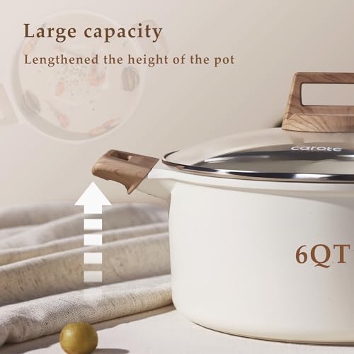Image of CAROTE Nonstick Stock Pot with Lid, 6 Quart White Granite