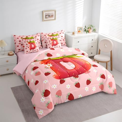 Image of Feelyou Cute Girls Strawberry Comforter Set Full Size 7 Pieces Pink Red Princess Strawberry Bedding Set Kids Initial Letter D Bed in a Bag with Comforter, Sheets, Pillowcases, Cushion Covers