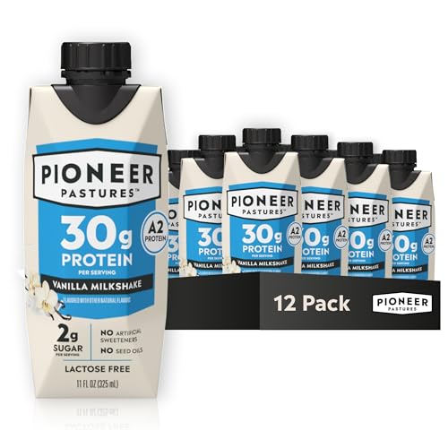 Pioneer Pastures - High Protein A2 Milkshakes - Vanilla - A2 Nutritional Milk, 30g Protein, 2g Sugar, No Sweeteners, No Seed Oils - All-Natural, Breakfast Shake, Meal Replacement, Workout - 11oz, 12 Pack