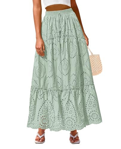 BTFBM Boho Long Skirts for Women Spring Summer 2026 Lace Embroidery High Waist Flowy Tiered Maxi Skirt Beach Vacation(Light Green, XX-Large)