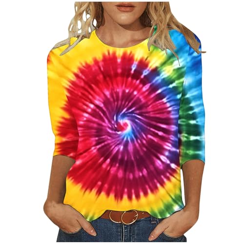 Tie Dye Shirts for Women 3/4 Sleeve Shirts Cute Print Graphic Tees Plus Size Basic Summer Casual Rainbow Tshirts Tops