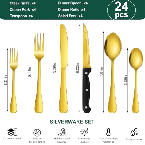 Image of 24-Piece Gold Silverware Set with Steak Knives Black Stainless Steel Flatware Set for 4 Food Grade Tableware Cutlery Set Rust-proof, Mirror Polished, Dishwasher Safe