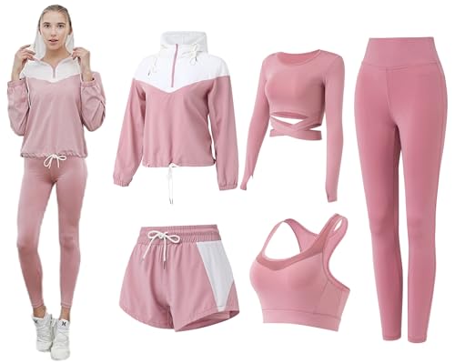 ZETIY Tute da Donna Set, 5 Pezzi Abbigliamento Sportivo Donna Tuta da Fitness Sportwear per Pilates Yoga Jogging Gym Workout Ginnastica - Rosa - S