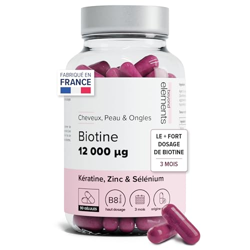 Biotine 12 000µg Haut Dosage Avec Keratine, Selenium & Zinc - Pousse Cheveux, Peau & Ongles - Cure 3 Mois - 90 Gélules Végétales - Beyond Elements