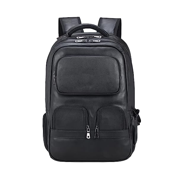Masa Kawa Full Grain Leather 15.6 Inch Laptop Backpack for Men Black Large Business Travel Rucksack Bag Overnight Daypack