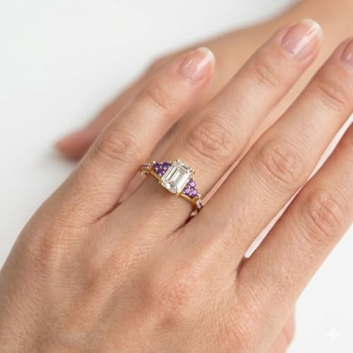 Image of Choose Your Gemstone Emerald Cut Petite Cathedral Diamond CZ Ring Yellow Gold Plated Emerald Shape Petite Engagement Rings for Women, Girls and Ladies US Size 4 to 12