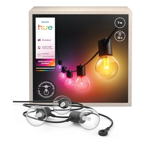 Philips Hue Festavia Globe Außenlichterkette, White & Color Ambiance, 7 M LED Lichterkette, 10 Lampenkugeln, dimmbare Gartenbeleuchtung funktioniert per Hue App, Alexa, Google Assistant, Apple Home