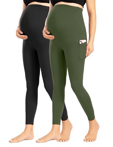 Image of ENERFUL Women's Maternity Leggings Over The Belly with Pockets Pregnancy Pants Active Wear Workout Yoga Tights