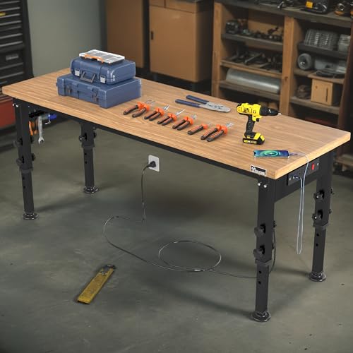 YITAHOME 72 Inch Work Bench, Adjustable Height Workbench for Garage, Heavy Duty Work Bench with Pegboard & Power Outlets, 2000 LBS Load Capacity, Rolling Workbench for Workshop, Office Rubbe