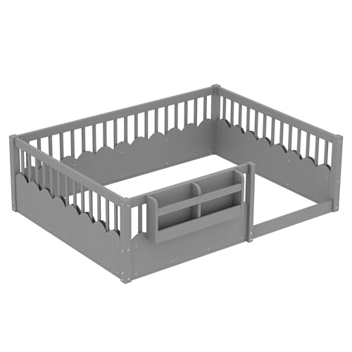 Image of Bellemave Full Size Kids Montessori Floor Bed,Solid Wood Floor Bed Frame with Bookshelf and High Fence for Kids,Girls,Boys,Gray