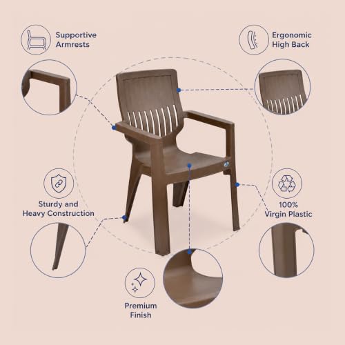 Image of Nilkamal Ortho Comfort Plastic Chair with Arm|Set of 2| 3 Year Warranty |Stackable Chair for Home, Living Room, Dining Room, Cafe & Balcony |Ergonomic Back Support |Indoor & Outdoor |Rattan Dark Beige