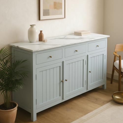 Image of Solid Wood Madrid Sideboard Cabinet with Sintered Stone Top for Living Room, Premium Acrylic Silver Grey Finish, 130x40x80 cm