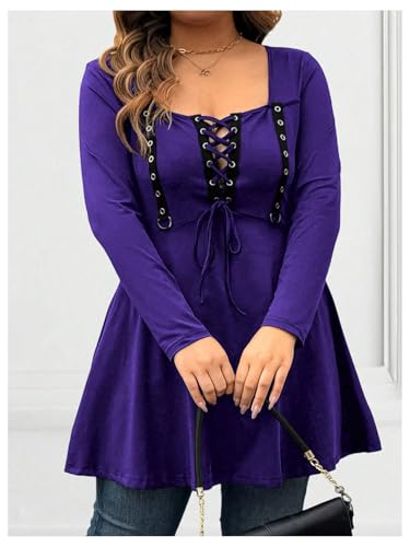 Image of SOLY HUX Women's Plus Size Peplum Tops Lace Up Square Neck Long Sleeve Ruffle Hem Tee Flowy Casual T Shirt