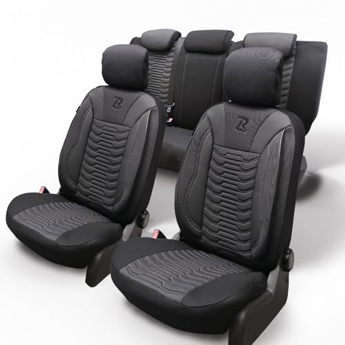 LUCARO Capas de assento de carro universais Paris cinzento e preto - capa de assento de carro dianteiro - design ergonómico e ortopédico para proteção das costas - couro ecológico e têxtil