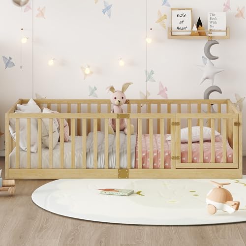 Image of Bellemave Twin Size Kids Montessori Floor Bed Frame with Door and Slats,Solid Wood Floor Bed Frame with Slats and High Fence for Kids,Girls,Boys,Natural