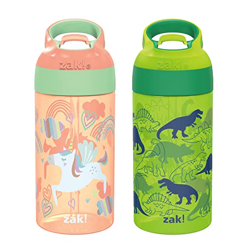 Image of Zak Designs 16oz Riverside Kids Water Bottle with Spout Cover and Built-in Carrying Loop, Made of Durable Plastic, Leak-Proof Water Bottle Design for Travel (Unicorn & Dino Camo, Pack of 2)