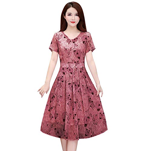 Casual V-cuello floral estampado largo vestido mujer manga corta moda una línea vestido de mujer vestidos de fiesta damas, Rosa., L