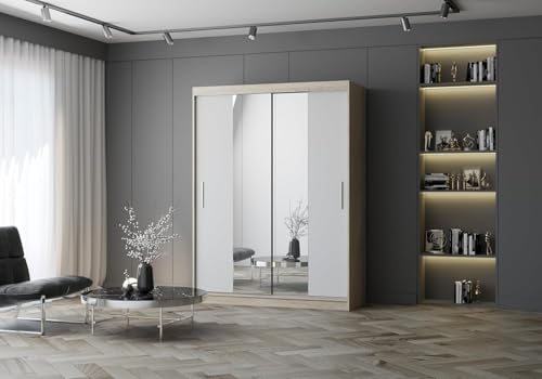 Fabryka Mebli Idźczak Kleiderschrank mit Spiegel, Schiebetüren - Schwebetürenschrank, Schlafzimmerschrank - ‎61 x 150 x 200 cm - Schrank für Schlafzimmer, Ankleidezimmer, Garderobe - Weiß, Sonoma