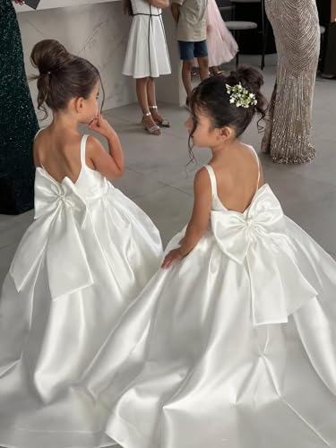 Satin Flower Girl Dress for Wedding Spaghetti Strap Backless Princess Ball Gown First Communion Dress with Bow2
