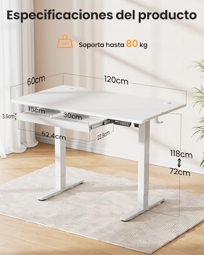 ErGear Mesa Escritorio Elevable 120 x 60 cm, Escritorio Elevable con 4 Memorias Inteligentes & Cajones, Diseño en T para Mayor Estabilidad, Tablero de Mesa con Ensamblaje, Marco y Superficie Blancos - imagen 3