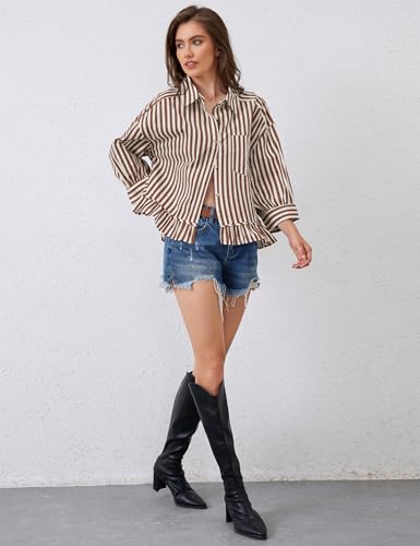 Womens 3/4 Length Sleeve Striped Button Down Shirt Loose Fit Drop Shoulder Trendy Ruffle Hem Striped Blouses Top2