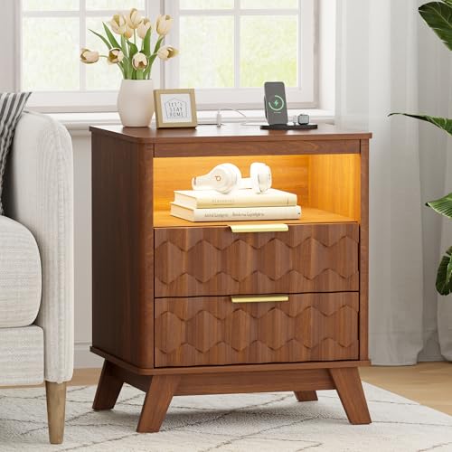 Lvifur LED Nightstand - with Auto Sensor,Reddish-Brown Night Stand with 2 Drawer Modern Bedside Table with 3 Color Light and USB&Type-C Smart End Table for Bedroom