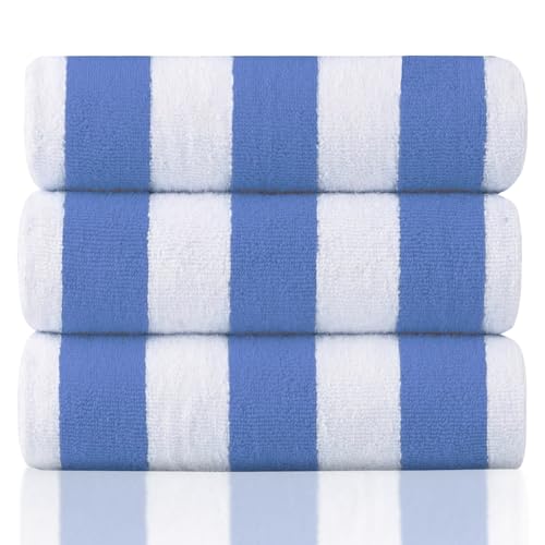 AMERICLASSIC Cabana Blue Stripe Towel - 3 Pack - 100% Ring Spun Cotton - Oversized Pool & Beach...