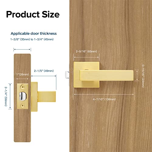 Square Plate Passage/Hall Door Lever Handles Without Key In Gold 5 Pack,Interior Door Locks For Closet Keyless Passage Contractor Bulk Pack #TOP3