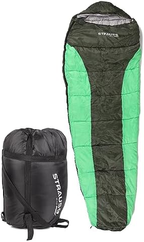 STRAUSS Mummy Shape Camping Sleeping Bag -5°C to 5°C |Can Be Used in Summer, Spring and Winter|Lightweight and Portable |Ideal for Travel Camping Hiking and Trekking | for Adults & Kids,(Black/Green)