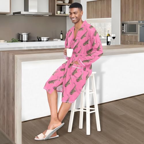 Men’s Robe Pattern Saxophone Print, Long Sleeve Bathrobe for Sleep Shower-M2