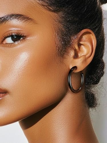 Image of Stainless Steel Chunky Hoop Earrings For Women, Minimalist and Chic, Black /Gold Plated, Round Hoops Earrings Hypoallergenic, Size: 30mm /40mm /60mm /80mm, Come with Box