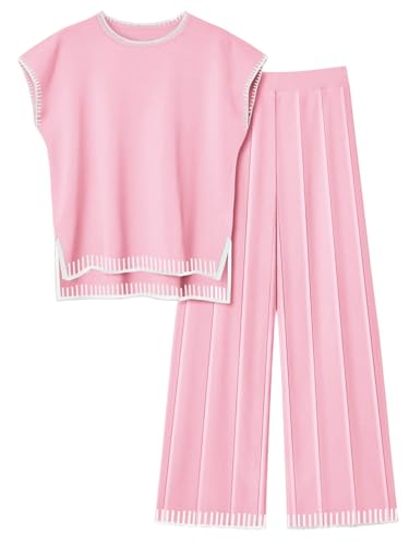 Image of Ekouaer Womens Matching Sets Knit Sweater Sets 2 Pieces Lounge Set | Pullover Tops Wide Legs Pants Casual Outfits