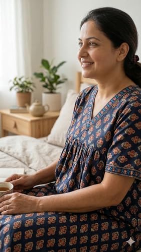 Image of Evolove Cotton Nighty Maxi for Women with Side Pocket | Floral Print Round Neck Short Sleeves Full Length Night Wear Gown