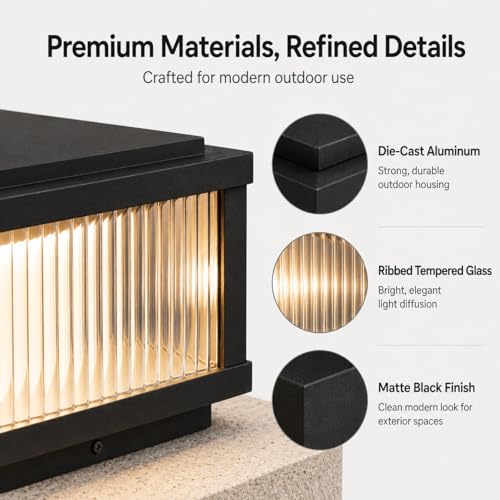 Quankoach Modern Outdoor Column Lights 9.8x9.8 & 11.8x11.8 in, Hardwired Post Light with 3 Color Modes Die-Cast Aluminum & Tempered Glass Pillar Cap Lantern, Waterproof E26 Fixture (Black) (9.8x9.8) by Quankoach - Used condition - Image 6
