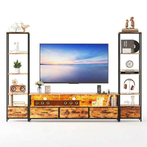 Garvee Fabric Drawer Combination TV Cabinet - Wood and Metal TV Stand with Storage & LED, Modern TV Cabinet Organizer, Bookcase TV Stand, for Living R