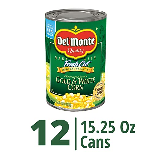 Image of DEL MONTE FRESH CUT HARVEST SELECTS Sweet Gold and White Whole Kernel Corn Canned Vegetables, 12 Pack, 15.25 oz Can.