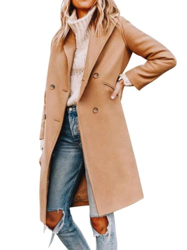 Cicy Bell Damen Mantel mit gekerbtem Reverskragen, zweireihig, Erbsenmantel, Wintermantel, Wollmischung, lange Jacken, hellbraun, M