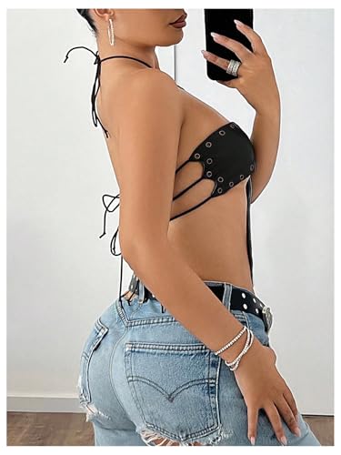 MakeMeChic Women's PU Leather Top Tie Backless Halter Grommet Eyelet Y2K Going Out Tops3